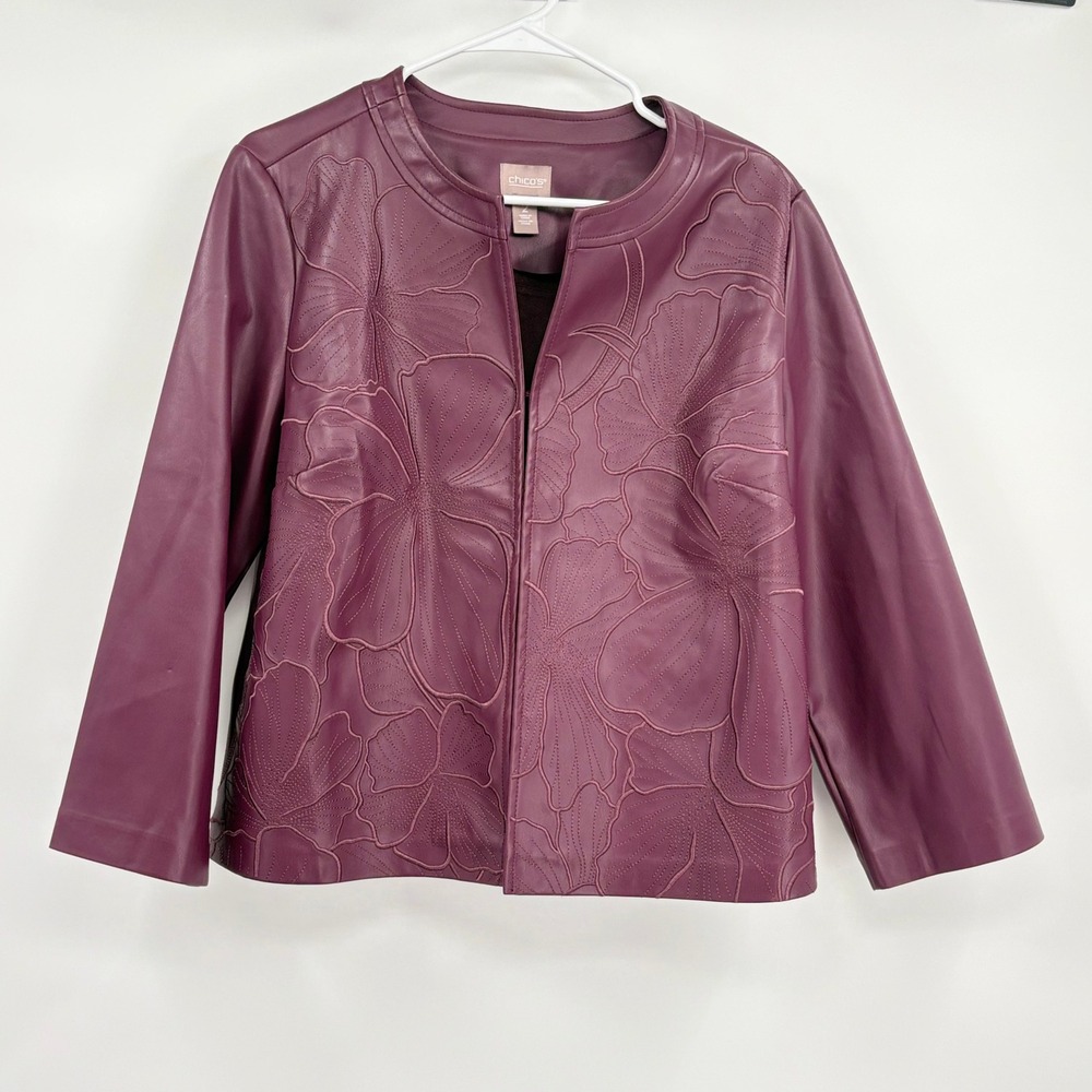 Chicos Womens Plum Purple Floral Embroidered Faux Leather Jacket Size 2 Large